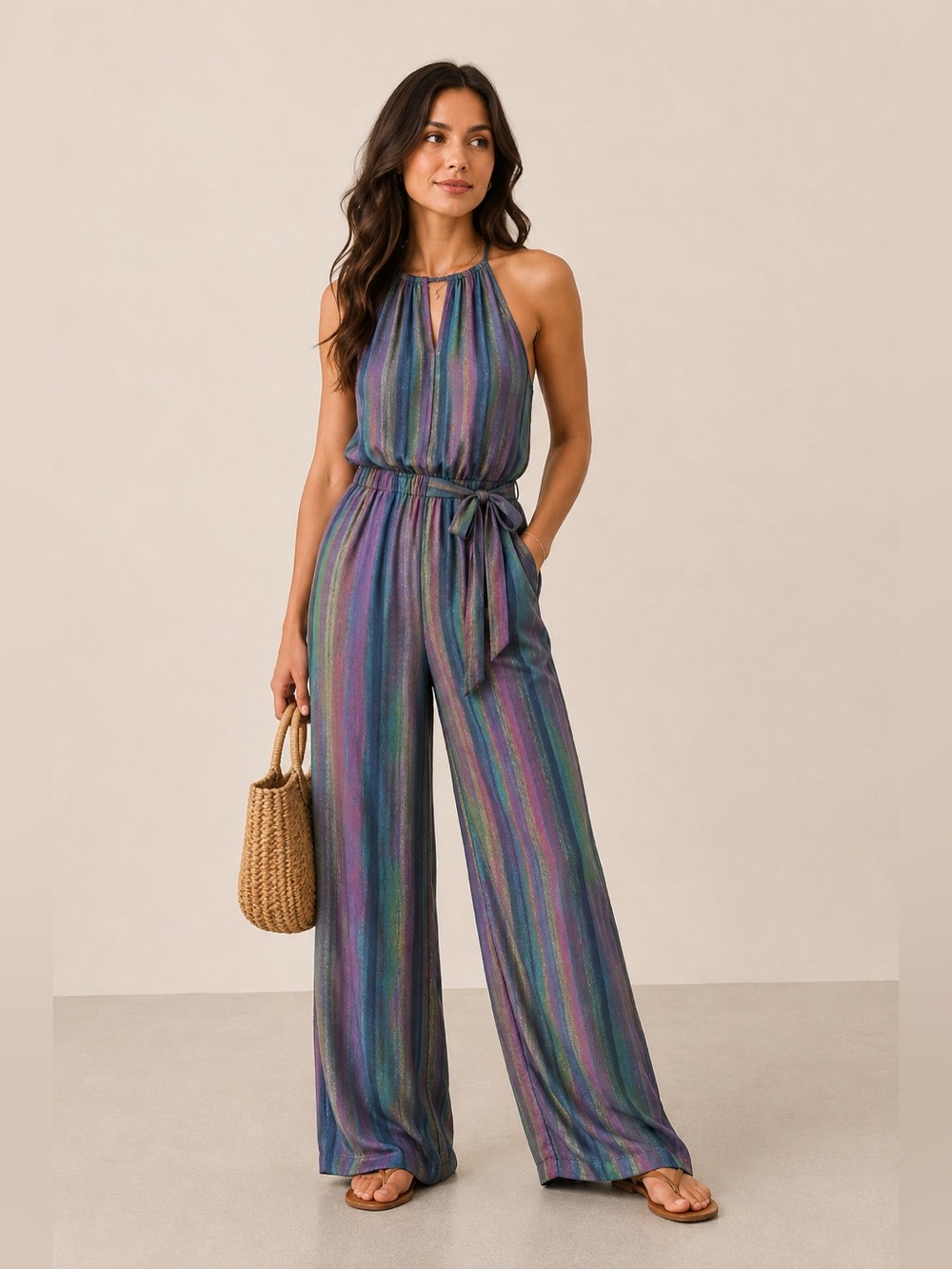 ModCloth It’s High Time For Shine Rainbow Metallic Striped Jumpsuit L